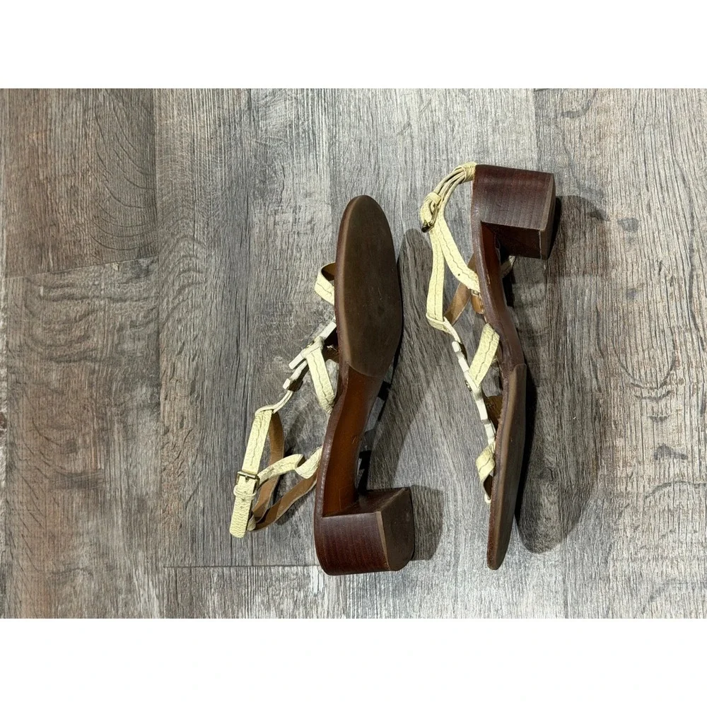Tory Burch Miller Block Heel Sandals Cream Leather Logo Ankle Strap Womens 7.5M